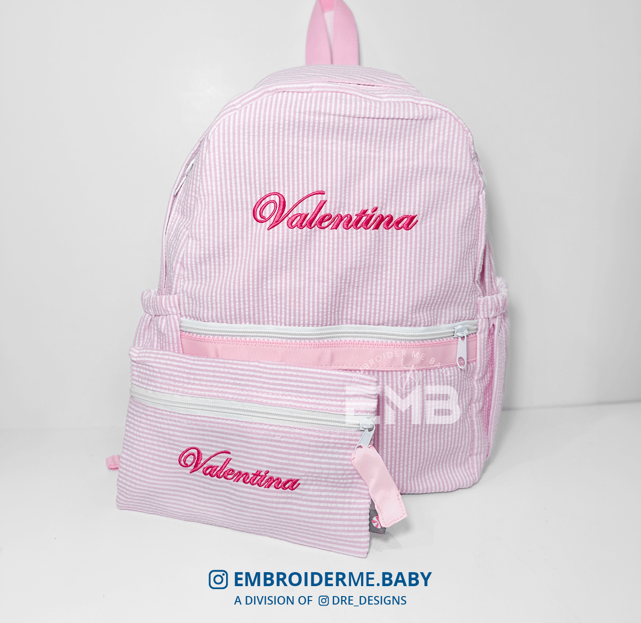 Personalized Medium Kids Backpack w/ Pocket - Pink Seersucker