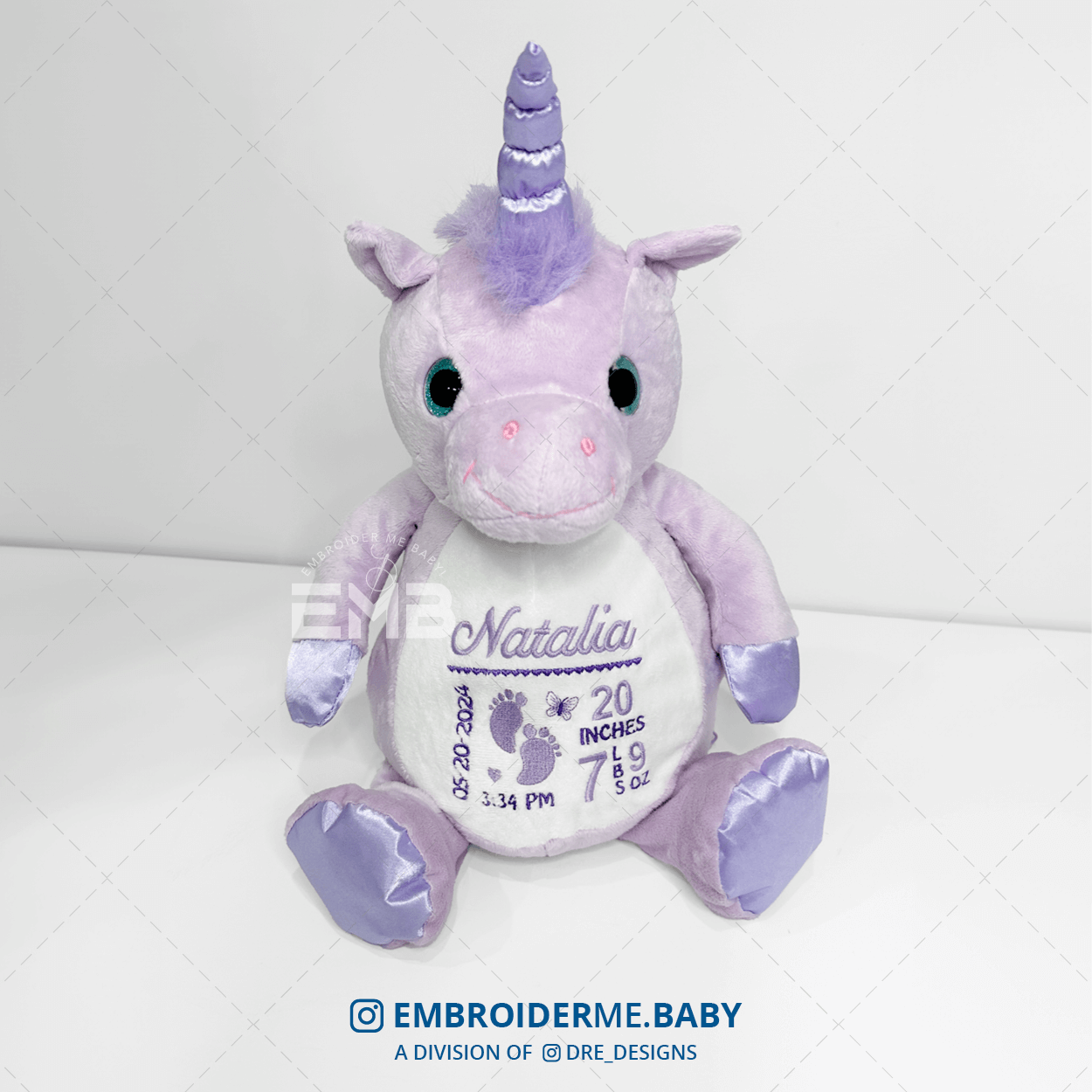 Personalized Plush Toy with Birth Stats - Purple Unicorn image 1