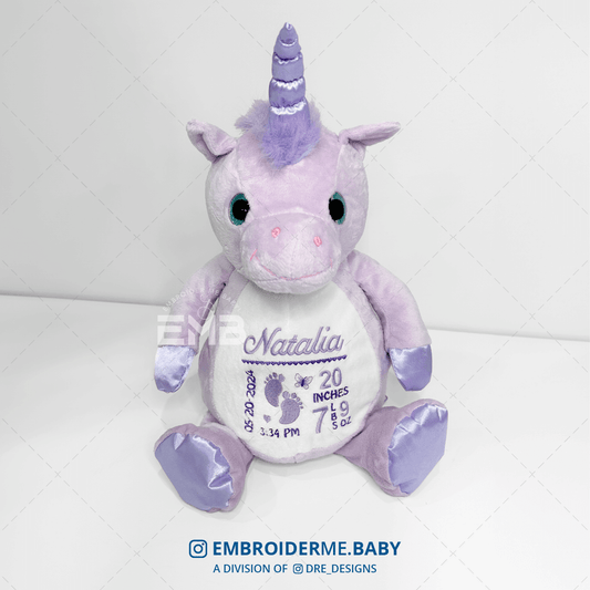 Personalized Plush Toy with Birth Stats - Purple Unicorn image 1