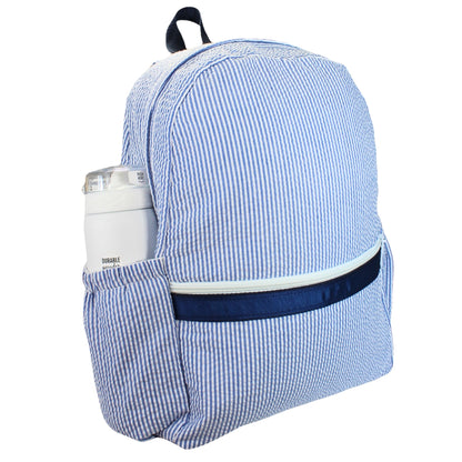 Personalized Medium Kids Backpack w/ Pocket - Navy Seersucker image 1
