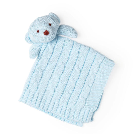 Embroidered Cable Knit Bear Security Blanket, Blue