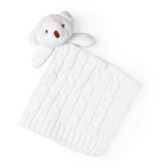 Embroidered Cable Knit Bear Security Blanket, White