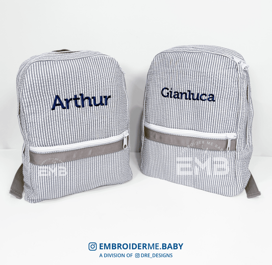 Personalized Medium Kids Backpack w/ Pocket - Grey Seersucker