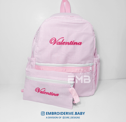 Personalized Medium Kids Backpack w/ Pocket - Pink Seersucker
