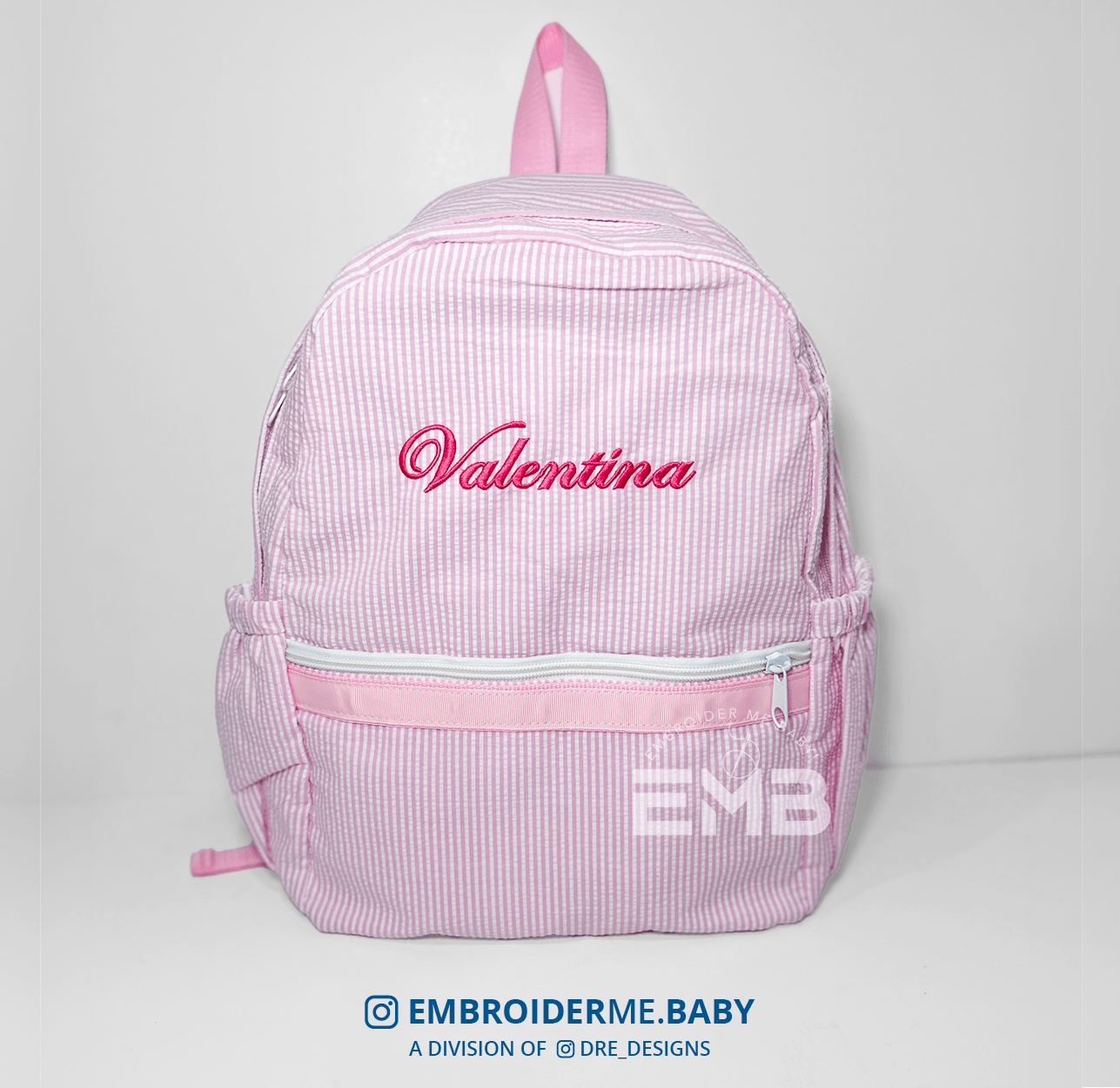 Personalized Medium Kids Backpack w/ Pocket - Pink Seersucker