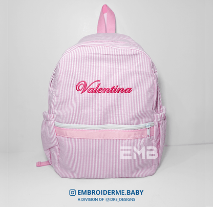 Personalized Medium Kids Backpack w/ Pocket - Pink Seersucker