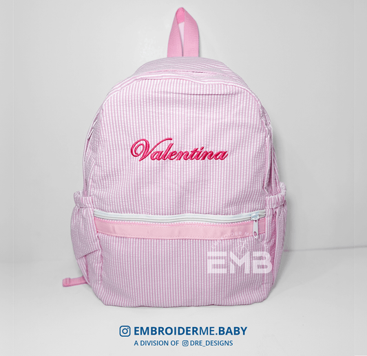 Personalized Medium Kids Backpack w/ Pocket - Pink Seersucker