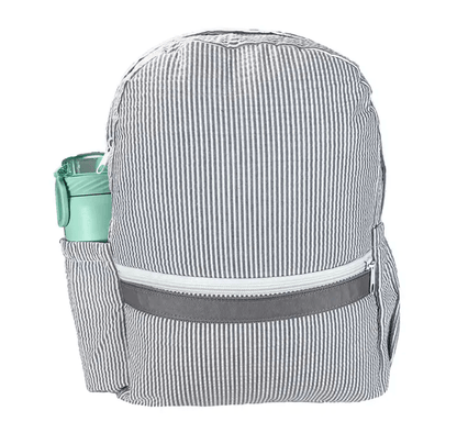 Personalized Medium Kids Backpack w/ Pocket - Grey Seersucker