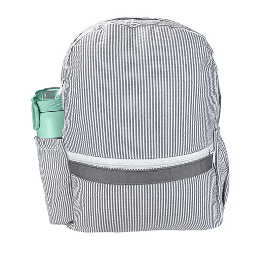 Personalized Medium Kids Backpack w/ Pocket - Grey Seersucker