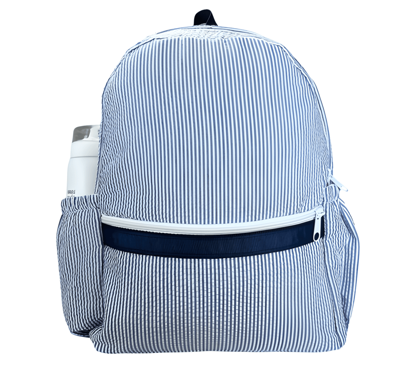 Personalized Medium Kids Backpack w/ Pocket - Navy Seersucker