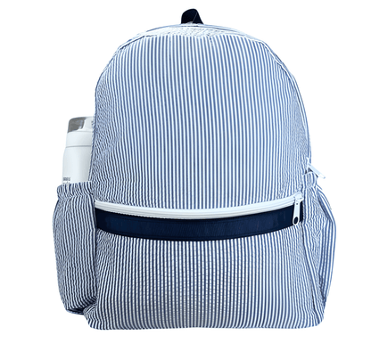 Personalized Medium Kids Backpack w/ Pocket - Navy Seersucker