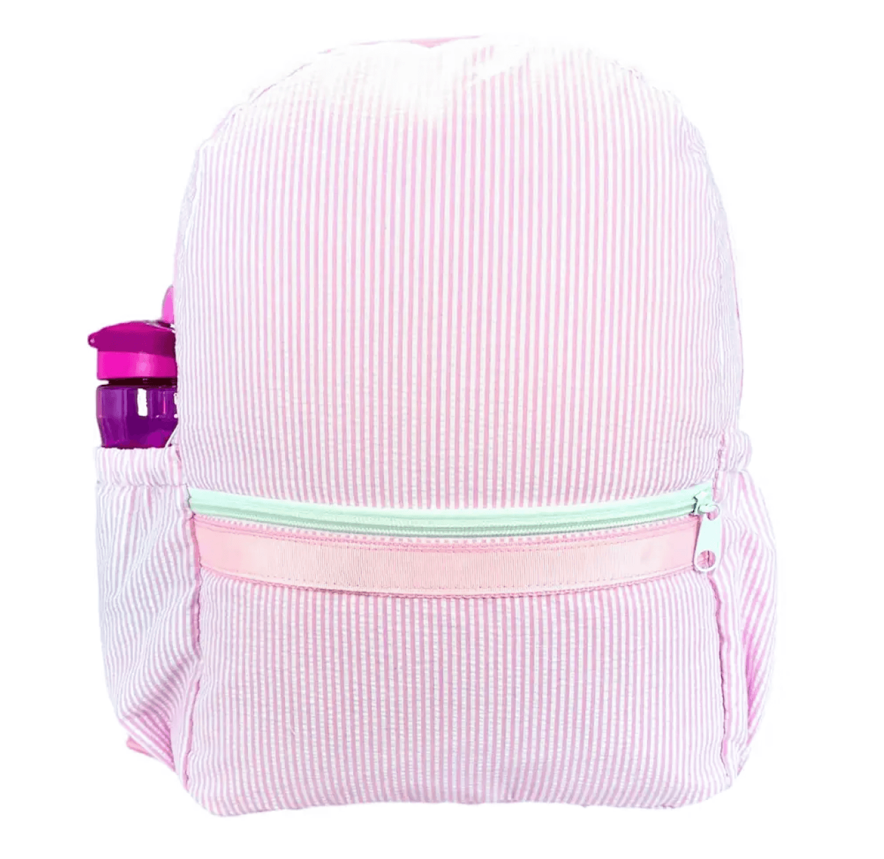 Personalized Medium Kids Backpack w/ Pocket - Pink Seersucker