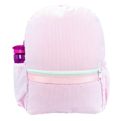 Personalized Medium Kids Backpack w/ Pocket - Pink Seersucker