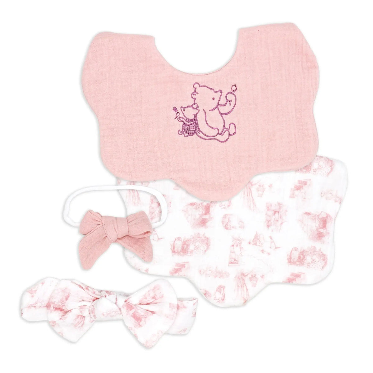 Pooh & Friends Pink Toile Bib & Headband Set