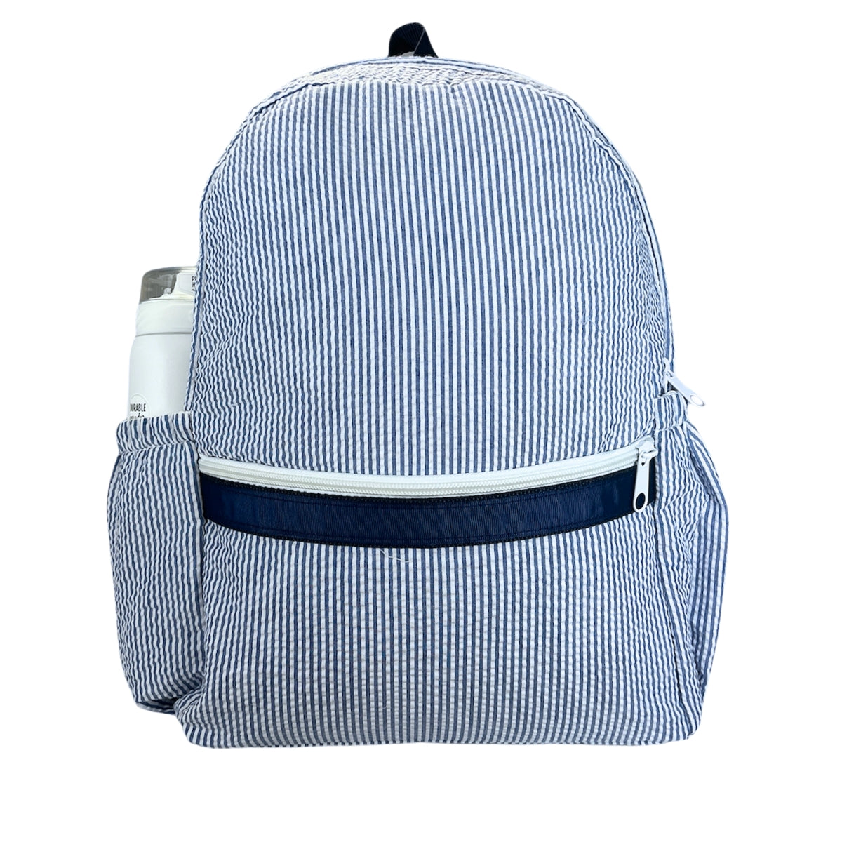 Personalized Medium Kids Backpack w/ Pocket - Navy Seersucker image 0