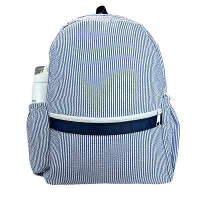 Personalized Medium Kids Backpack w/ Pocket - Navy Seersucker image 0