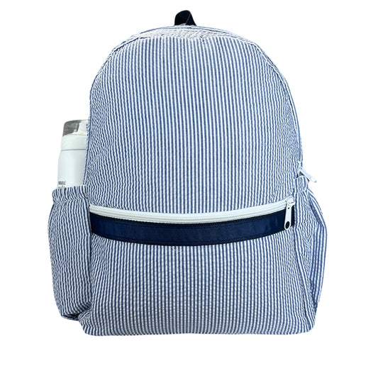Personalized Medium Kids Backpack w/ Pocket - Navy Seersucker image 0