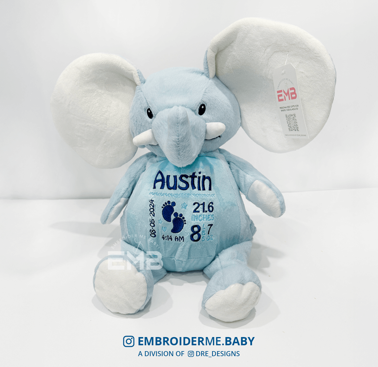 Personalized Stuffed Elephant with Birth Stats - Baby Blue image 0