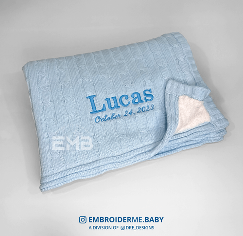 Personalized Blanket with Name - Blue Cable-Knit Sherpa Baby Blanket